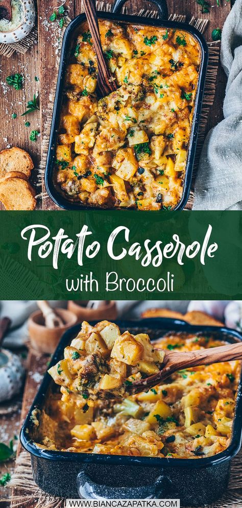 This Vegan Potato Broccoli Casserole recipe is super creamy, perfectly saucy, and simply delicious! You'll only need a few plant-based ingredients to make this easy cheesy veggie potato bake! #potatoes #easyrecipes #casserole #veganrecipes #vegetarian #recipes #food #vegan #broccoli #gratin | biancazapatka.com Vegetarian Broccoli Casserole, Vegetarian Baked Dishes, Potato Bake Vegan, Vegetarian Meal With Potatoes, Vegan Veggie Bake Recipes, Vegan Baked Casserole, Vegan Dinner Broccoli, Meatless Meals With Potatoes, Potato Veggie Recipes