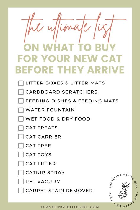 If you're planning to adopt a cat from the shelter, here is a checklist of what you may need to buy before your cat arrives. Cat Adoption Checklist, Cat Care Checklist, Cat Health Checklist, Best Cat Accessories, First Kitten Checklist, Cat Products Pet Care, Adopting A Cat Checklist, Getting A Cat Checklist, Cat Necessities List