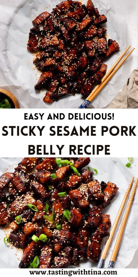 Sticky sesame pork belly is a delicious treat for the whole family! With everything done in under an hour, this dish is perfect for a weeknight or a hit for serving a crowd.I always order pork belly at restaurants, but I had never tried making at home. Now that I have, I’m hooked, and you should be too! Sesame Pork, Asian Pork, Pork Belly Recipes, Chinese Cooking Recipes, Dinner Inspiration, Chinese Cooking, Easy Pasta Recipes, Pork Dishes, Asian Cooking