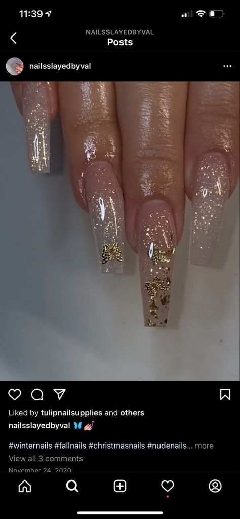 Gold Ballerina Nails, Nails To Go With Gold Dress Sparkle, Acrylic Nails For Gold Dress, Gold Nails Ideas Coffin, Acrylic Nails Coffin Sparkle, Coffin Acrylic Nails Gold, Party Acrylic Nails, Gold And Silver Acrylic Nails, Clear Gold Glitter Nails