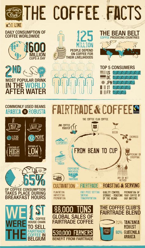 via cafealtura.com - Interesting #coffee #facts about fair trade, varieties, and consumption habits. Coffee Facts Infographic, I Love Coffe, Coffee Infographic, Coffee Facts, Food Infographic, Fair Trade Coffee, Coffee Barista, Coffee Health Benefits, Coffee Benefits