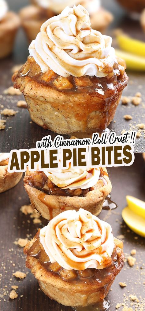 Apple Pie Tassies, Mini Cinnamon Apple Pies, Essen, Pie, Apple Pie Cinnamon Roll Cups, Crescent Roll Apple Pie Bites, Apple Pie Finger Food, Apple Pie Cups In Muffin Tin, Apple Pie Appetizer