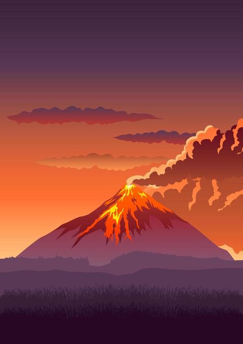 Volcano Cartoon Background, Volcano Digital Art, Volcano Eruption Drawing, Volcanic Eruption Drawing, Volcanic Eruption Illustration, Lava Illustration, Volcano Background, Volcano Tattoo, Volcano Illustration