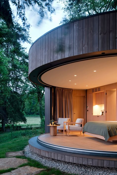 lumipod 6 takes shape as rounded wooden hotel cabin in france Glamping Ideas, Module Design, 2023 Picture, Eco Hotel, Hotel Interior Design, Luxury Cabin, Round House, Bedroom Hotel, French Countryside