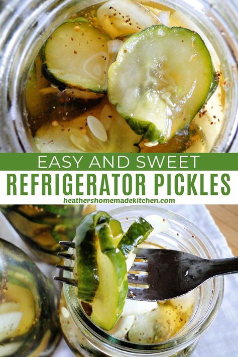 Quick Fridge Pickles, Sweet Fridge Pickles, Making Sweet Pickles From Cucumbers, Quick Sweet Pickles, Quick Sweet Pickles Recipe, Quick And Easy Refrigerator Pickles, Quick Pickled Cucumbers Sweet, Quick Pickles Refrigerator, Amish Refrigerator Pickles