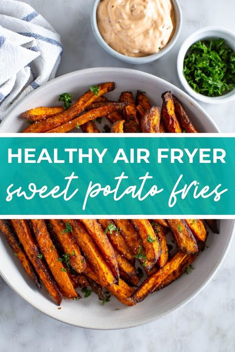 Healthy Air Fryer Sweet Potato Fries Healthy Air Fryer Sweet Potato Fries, Home Made Sweet Potato Fries Air Fryer, Healthy Fries Air Fryer, Whole 30 Sweet Potato Fries, Air Fryer Yams Recipe, Sweet Potato Fries In Air Fryer, Crispy Sweet Potato Fries Air Fryer, Airfry Sweet Potato Recipes, Easy Sweet Potato Recipes Healthy