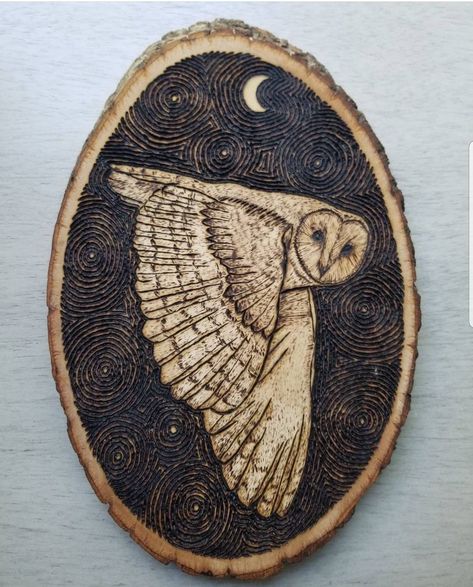 "This mysterious Night Owl is flying under the light of a crescent moon and the stars. This wise and peaceful owl would make a wonderful gift, guardian of your dreams or a lovely desk companion!  This piece would make a perfect desk companion for the Owl enthusiast!  My pieces are each one of a kind and are unique.  Measures approximately 5\" x 7\" Please note the natural \"imperfections\" in the wood were left in the art piece in the spirit of \"Wabi-Sabi\" (The aesthetic is sometimes described as one of appreciating beauty that is \"imperfect, impermanent, and incomplete\" in nature) Signed on back by the artist -Waverley" Art Cottagecore, Wood Burn Designs, Pyrography Patterns, Engraved Wood Signs, Cottagecore Art, Country Wall Art, Pyrography Art, Wood Burning Crafts, Owl Gifts