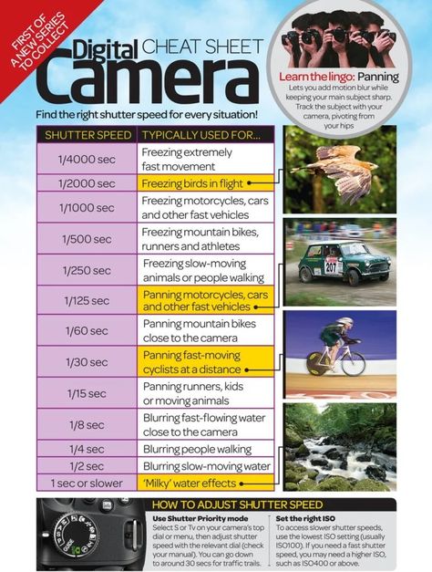 Photography Cheat Sheet: The Right Shutter Speed for Every Situation Shutter Speed Chart, Photography 101 Canon, Shutter Speed Photography, Photo Hacks, Photography Cheat Sheets, Camera World, Digital Photography School, Photography Help, Photography Basics