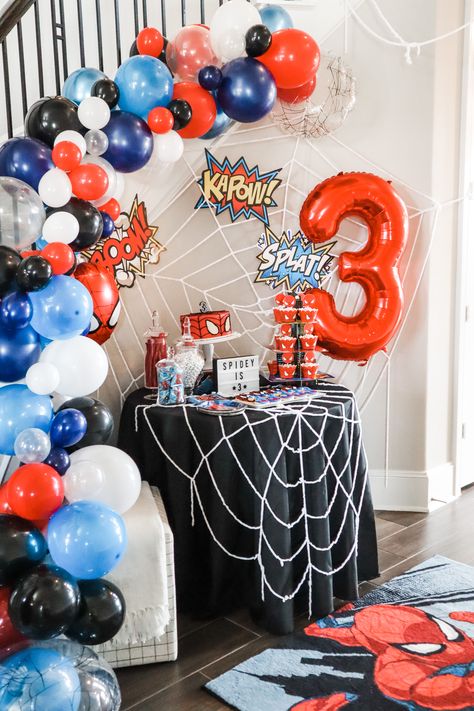 Spider-man birthday party 3rd boy superhero Spiderman Birthday Party Balloons, Avengers Birthday Cake Boys, Spiderman Birthday Balloons, Marvels Theme Birthday Party, Spiderman Bday Decoration, Third Birthday Spiderman, Spidey And His Amazing Friends Birthday Party Decorations, Spider Man Party Decoration, 4th Superhero Birthday Party