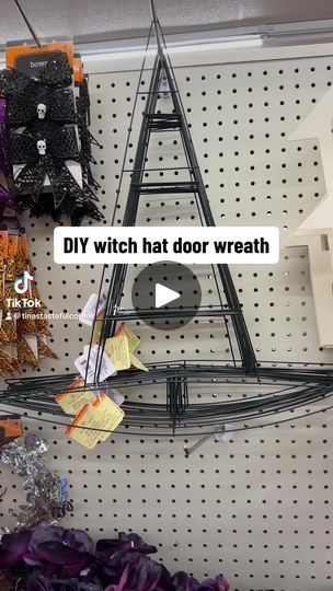 Diy Halloween Ribbon Wreath, Dollar Tree Witch Hat Wreath, Witch Hat Door Wreath, Dollar Tree Witch Hat, Halloween Witch Hat Wreath, Diy Halloween Witch, Witch Hat Wreath, Halloween Witch Wreath, Hat Wreath