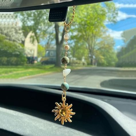 Amazon.com: Sun Hanging Car Charm,Green and Gold Rear View Mirror Accessories Cute Boho Dangling Sun Car Decor Handmade Healing Crystals Stones Ornament Gifts for Women Men (Green) : Automotive Crystal Car Charms, Car Crystals, Car Hanging Accessories, Boho Car Accessories, Mirror Car Accessories, Mirror Accessories, Stone Ornaments, Rear View Mirror Accessories, Red Tourmaline