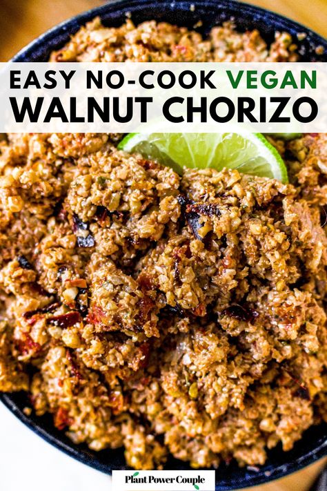 Spice up your plant-based meals with our no-cook Vegan Walnut Chorizo! Made in a snap using walnuts, soy sauce, lime juice, and a flavorful blend of spices, it's perfect for burritos, tacos, salads, wraps, and more! Easy, tasty, and a versatile vegan option. Let the walnut fiesta begin! Walnut Recipes Dinner, Walnut Chorizo, Raw Vegan Recipes Easy, Walnut Meat, Chorizo Recipe, Vegan Meat Recipe, Vegan Chorizo, Chorizo Recipes, Vegan Party Food