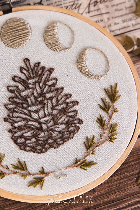 embroidery patterns Tree Ring Embroidery, Pine Needle Embroidery, Pinecone Embroidery Pattern, Embroidery Patterns Winter, Forest Embroidery Designs, Embroider Moon, Embroidery Pinecone, Forest Embroidery Pattern, Woodsy Embroidery