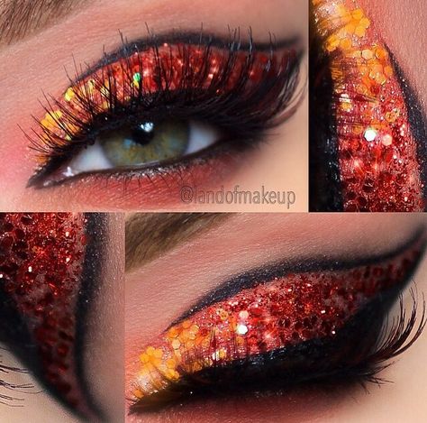 Fire Inspired Makeup Look, Fire Inspired Makeup, Carnaval Make-up, Phoenix Costume, Fire Costume, Eye Makeup Simple, Fire Makeup, Fire Theme, Eye Makeup Cut Crease