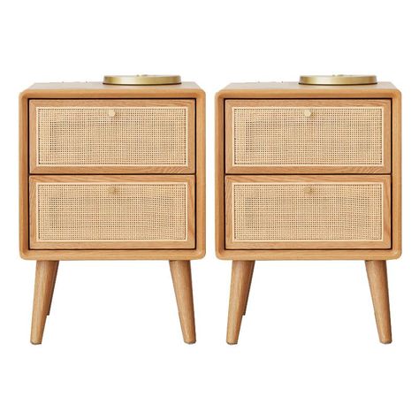 Wicker & Rattan Modern Night Table Solid Wood 2-Drawer Storage Nightstand Light Brown-2 Piece Set Circular Nightstand Side Tables, Boho Modern Nightstand, Wicker Nightstand Bedroom, Rattan Bedside Tables, Rattan Nightstand Bedside Tables, Wicker Bedside Table, Scandinavian Tv Console, Nightstand Rattan, Boho Night Stand