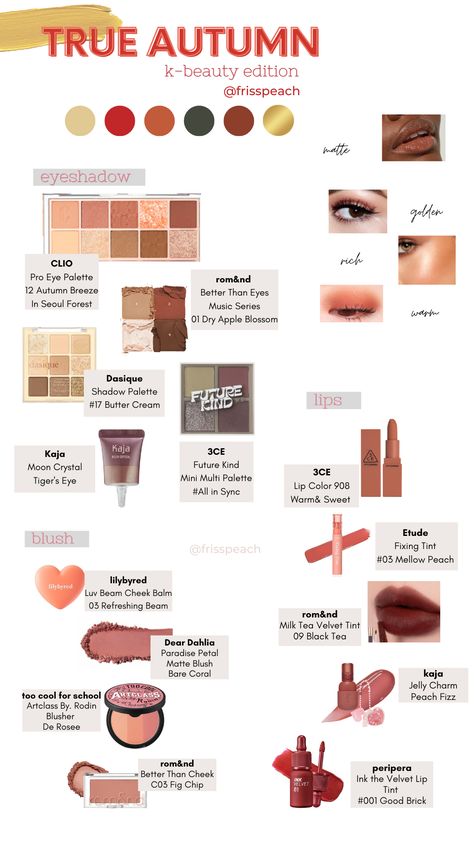 Makeup For Warm Autumn Skin Tones, Makeup For Autumn Skin Color Palettes, Autumn Skin Tone Makeup, Autumn Warm Tone, Make Up For Autumn Type, Make Up For Autumn Skin Tone, Warm Autumn Makeup Palette, Makeup For Autumn Type, Mute Autumn Makeup Korean