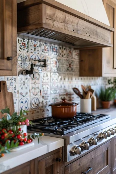 Rustic Backsplash Ideas for Cozy Kitchen Charm Rustic Kitchen With Brick Backsplash, Backsplash Country Kitchen, Antique Kitchen Backsplash, Patterned Kitchen Tiles Backsplash Ideas, Stone Backsplash Kitchen Rustic, Cabin Backsplash Ideas, Rustic Backsplash Kitchen, Rustic Tile Backsplash, Rustic Kitchen Tiles