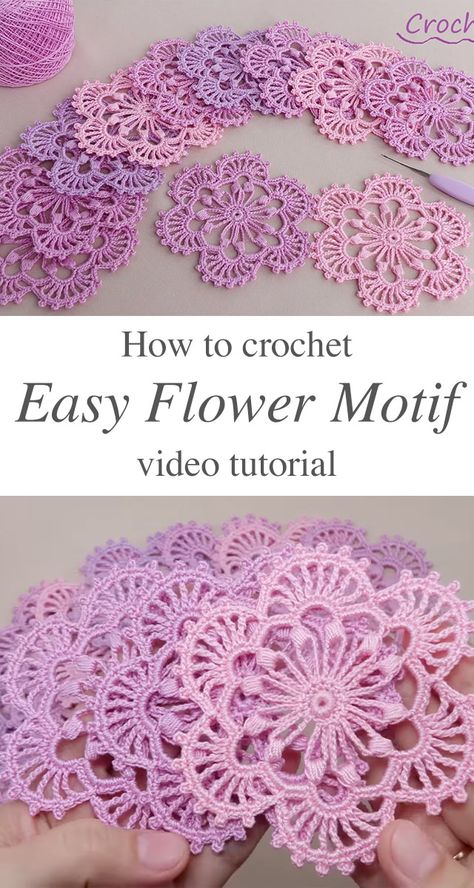 Crochet Easy Flower Motif Tutorial - CrochetBeja Crochet Flower Edge, Crochet Motif Patterns Free, Easy Crochet Flowers, Crochet Flower Lace, Lace Crochet Patterns, Crochet Lace Flower, Crochet Flower Motif, Crochet Flower Pattern, Boot Cuff