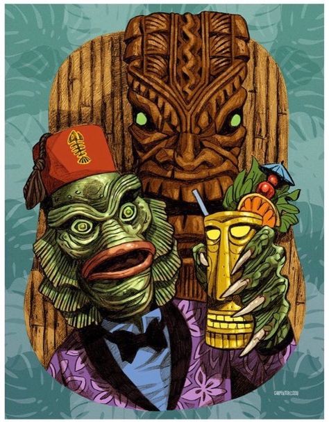 Tiki Punch, Tiki Pop, Graphite Illustration, Tiki Tattoo, Creature From The Black Lagoon, Tiki Decor, Tiki Bar Decor, The Black Lagoon, Tiki Lounge