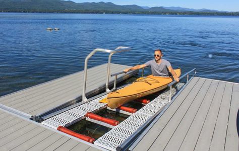 Kayak Storage On Dock, Kayak Ramp, Modern Boat Dock, Rendering Textures, Kayak Dock Launch, Ez Dock, Floating Dock Plans, Dock Add Ons, Luxury Boat Dock