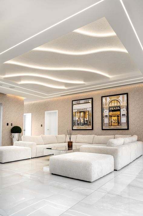 Pop Design For Living Room Modern, Ceiling For Hall, Long Living Room Ceiling Design, For Sealing Design, Tiles Idea For Living Room, White Tiles Bedroom Interior Design, Luxury Pop Ceiling Design Living Room, Onyx Tiles Living Room, Contemporary Ceiling Design Living Room