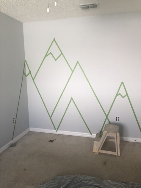 Toddler Mountain Bedroom, Boy Nursery Paint Ideas, Painting Mountains On Wall, Blue And Green Boys Room, Baby Room Paint Ideas, Mountain Baby Room, Boys Woodland Bedroom, Woodland Boys Room, Mountain Nursery Wall