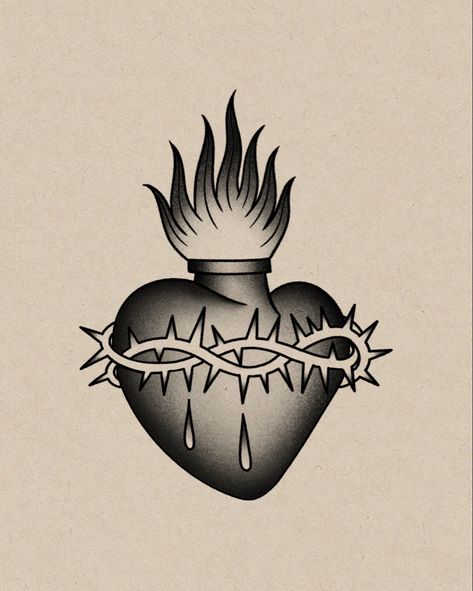 Sacred Heart With Eye, Sacred Heart Traditional Tattoo, Traditional Sacred Heart Tattoo, Old School Heart Tattoo, Sacred Heart Tattoo Design, Traditional Tattoo Black And White, Sacred Heart Tattoo, Heart Tattoo Design, Black Heart Tattoos