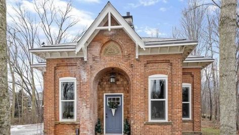 Historic Indiana Schoolhouse From 1883 Gets an A-Plus Transformation Schoolhouse Home, Copper Farm Sink, Medium Kitchen, Cherry Wood Floors, Concrete Stairs, Luxury Amenities, Farm Sink, Slate Roof, Old Bricks