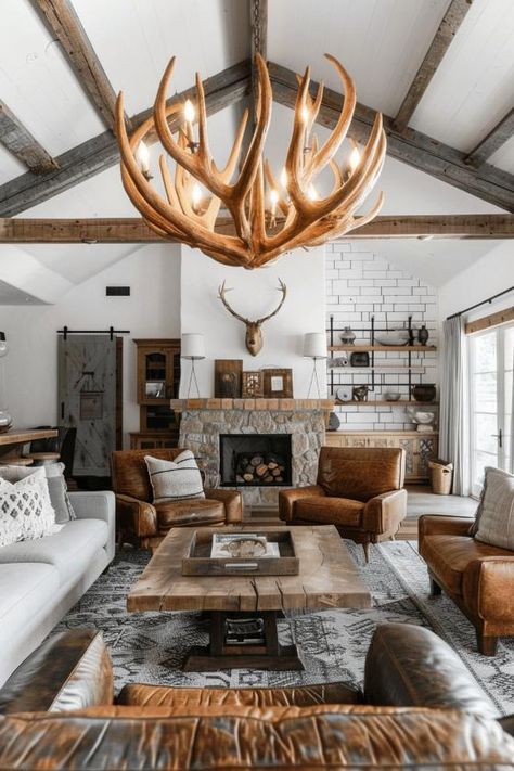 Modern Colorado Home Interior Design, Farmhouse Living Room With Deer Mounts, Mountain Home Living Room, Rustic Farmhouse Living Room Ideas, Modern Farmhouse Architecture, Modern Farmhouse Makeover, Rustic Lounge, Miners Cottage, Teen Tips