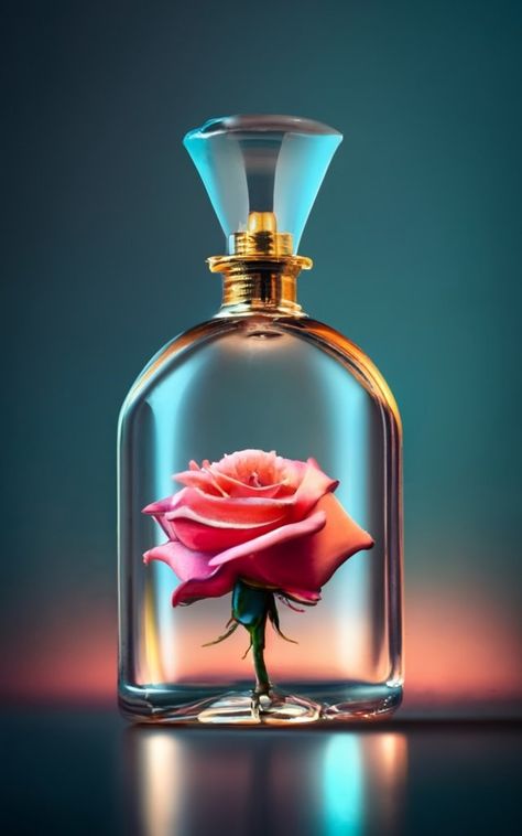 A beautiful rose placed in glass perfume bottle Rose Bottle, Perfume Rose, Cake Logo Design, Rose Flower Pictures, Glass Rose, Cake Logo, Glass Perfume Bottle, Beautiful Rose, Rose Water