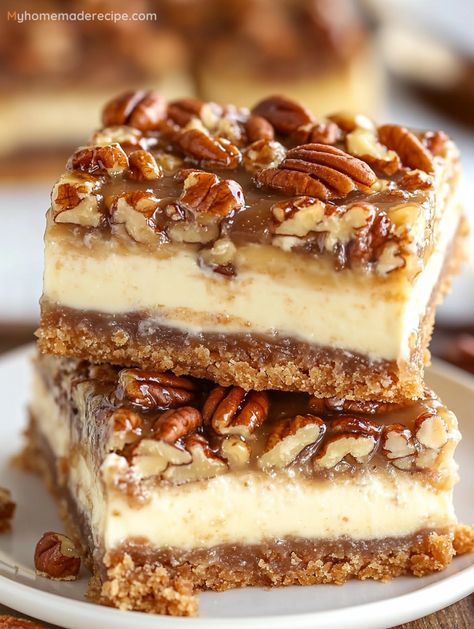 Pecan Pie Cheesecake Bars: The Perfect Dessert Fusion - My Home Made Recipe Pecan Crusted Cheesecake, Pecan Pie Cheesecake Bars No Bake, Pecan Pie Cheesecake Brownie Bar, Pecan Cheesecake Bars Easy, Butter Pecan Dessert Recipes, Thanksgiving Churro Cheesecake, Cheesecake Pecan Pie Bars, Thanksgiving Layered Desserts, Pecan Pie Cream Cheese Bars