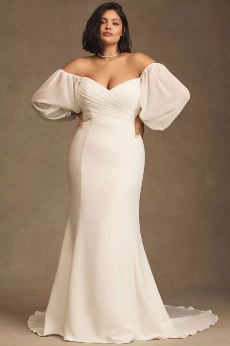 Jenny by Jenny Yoo Kate Fit-and-Flare Gown With Removable Sleeves | Anthropologie Simple Wedding Dresses Plus Size, Civil Wedding Plus Size, Plus Size Wedding Hairstyles, Plus Size Civil Wedding Dress, Jenny By Jenny Yoo, Curvy Wedding Dress, Boho Dress Plus Size, Curvy Wedding, Plus Size Elegant Dresses