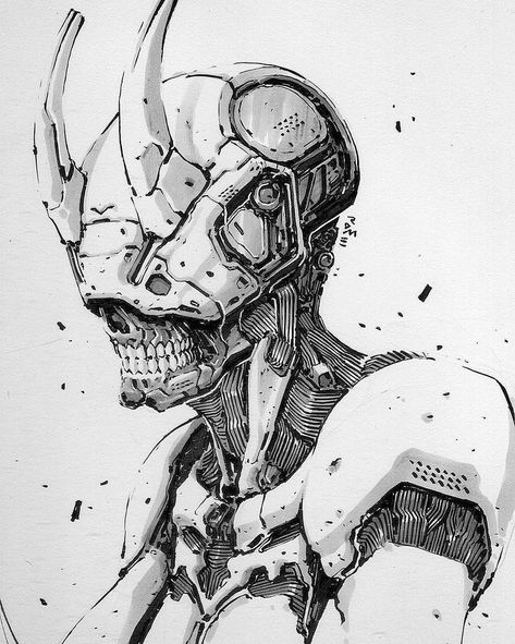 Robotic Art Drawing, Cyberpunk Drawing Character Inspiration, Cyborgs Art Drawing, Cyberpunk Robot Art, Cyberpunk Tattoo Sleeve, Mecha Concept Art, Cyberpunk Sketch, Cyberpunk Face, Mecha Drawing