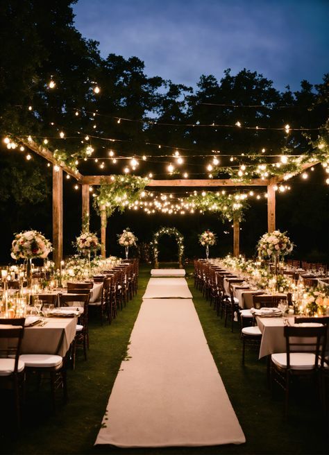 Backyard Wedding Walkway Ideas, Wedding Idea Outdoor, Outside Wedding Fairy Lights, Aesthetic Wedding Venues Simple, Wedding Venues Backyard, Wedding Venues Aisle, Wedding Areas Outdoor, Wedding Big Letters, Outdoor Ranch Wedding Decor