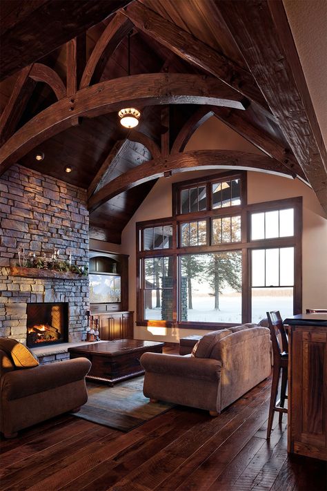 Large Cabin Interiors, Vaulted Living Room Windows, Cathedral Ceiling Windows, Large Cabin Living Room, Cabin Feel Home, Vaulted Ceiling Cabin, Tudor Cabin, Winter Cabin Living Room, Big Window House