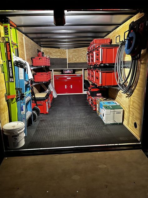 Enclosed Trailer Shop Ideas, 6x12 Enclosed Trailer Ideas, Milwaukee Packout Trailer, Cargo Trailer Organization, Cargo Trailer Storage Ideas, Enclosed Trailer Ideas Tools, Work Trailer Organization, Enclosed Trailer Shelving Ideas, Cargo Trailer Shelving Ideas