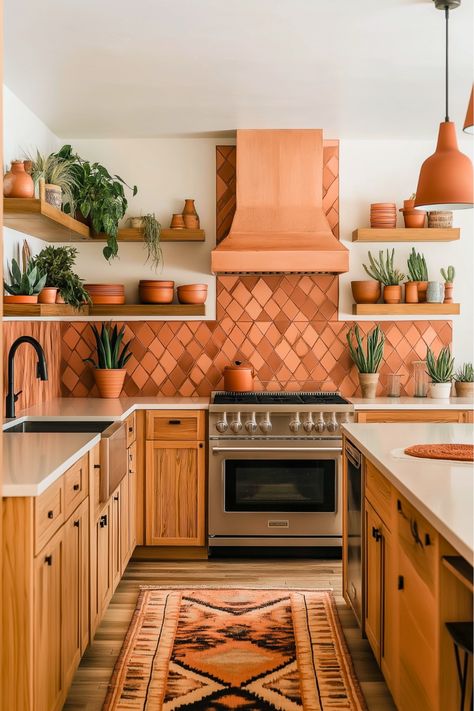 What makes a kitchen feel like a warm, artistic retreat? This bohemian kitchen combines terracotta tones, open shelving, and hanging copper pots to create a rich and earthy feel. The textures, from the wooden countertops to the potted plants, add depth and character. Dive into bohemian vibes and create an earthy color kitchen full of charm and creativity. Peach Kitchen Tiles, Kitchen Ideas Earthy, Terracotta Color Palette Kitchen, Western Inspired Kitchen, Earthy Kitchen Aesthetic, Terra Cotta Backsplash Kitchen, Copper And White Kitchen, Hippie Kitchen Ideas, Hanging Copper Pots