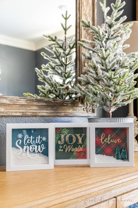 Learn how to make Christmas shadow boxes 3 different ways, from a simple 5-minute craft to a Cricut tutorial. These make the perfect DIY gifts for Christmas! #shadowbox #christmas #cricut #firstdayofhome Christmas Shadow Box Ideas, Diy Christmas Shadow Box, Diy Gifts For Christmas, Shadow Box Ideas, Cricut Christmas Ideas, Christmas Cricut, Christmas Globes, Box Crafts, Diy Shadow Box