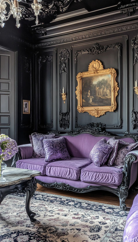 Elegant black details with a BIG pop of lavender. Inspo to use a color other than pink or red. Estate Living Room, Purple Ceiling, Witchy Bedroom, Dollhouse Makeover, Victorian Room, Gothic Dollhouse, Whimsy Goth, Purple Home, Dark Feminine