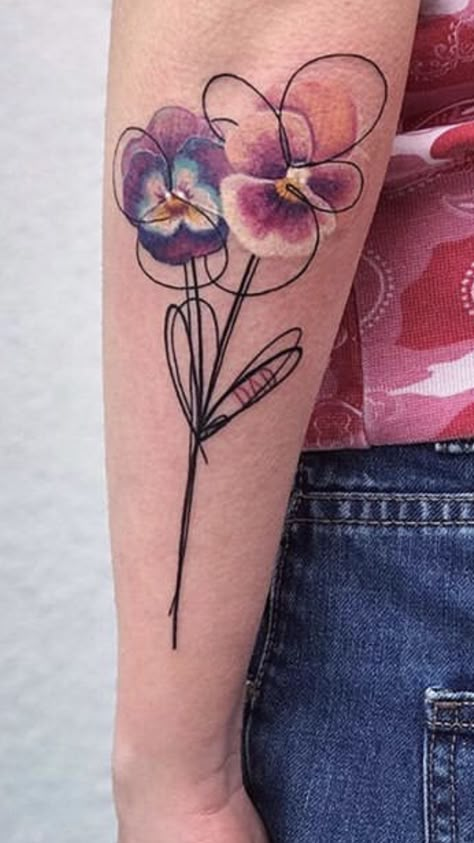 Artsy pansy tattoo Flower With A Face, Phoebe Tattoo, Pansy Flower Tattoo, Jessie Tattoo, Pansy Tattoo, Violet Flower Tattoos, Ring Tattoo Designs, Tat Inspiration, Art Nouveau Tattoo