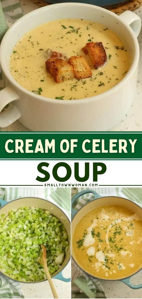 Ever wondered how to make Cream of Celery Soup? It's an easy dinner idea! Topped with homemade croutons, this creamy soup recipe is pure comfort food in a bowl. So good! Homemade Cream Of Celery Soup, Small Town Woman, Celery Recipes, Cream Of Celery, Cream Of Celery Soup, Celery Soup, 140 Pounds, Creamy Soup, Easy Soups