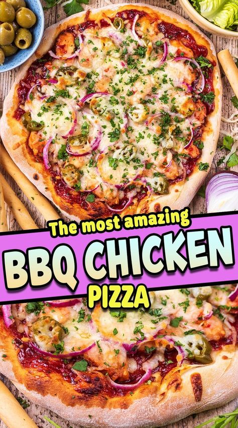 BBQ chicken pizza with a text title overlay. Easy Healthy Pizza Recipes, Homemade Bbq Chicken Pizza, Low Sugar Bbq Sauce, Bbq Chicken Pizza Recipe, Crispy Pizza Crust, Shredded Bbq Chicken, Fakeaway Recipes, Healthy Pizza Recipes, Crispy Pizza