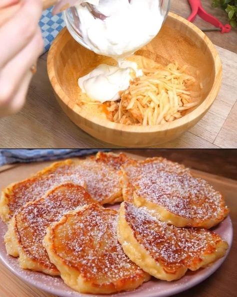 Grated Apple Pancakes, Pancake Donuts Recipes, Original Pancake House Apple Pancake Recipe, Yogurt Pancake Recipe, Apple Pancakes Healthy, Yogurt Pancakes Healthy, Greek Yogurt Pancakes Recipe, 2 Ingredient Pancakes, Snack Quick