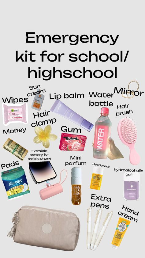 Emergency kit for school/high-school #emergencykit #preppy #girlsgirl #selfcareaesthetic #skincare High School Emergency Kit, Preppy Emergency Kit, Teen Emergency Kit For School, Emergency School Kit, Emergency Kit For School 6th Grade, Kit For School, School Emergency Kit, School Backpack Essentials, School Routine For Teens