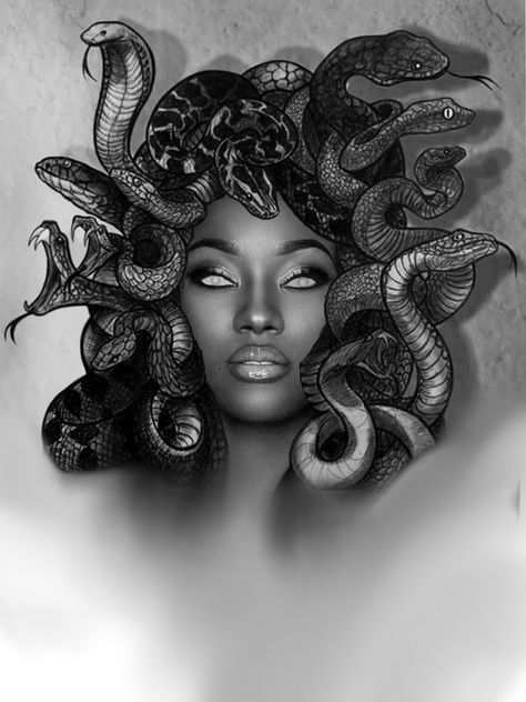 Powerful Sleeve Tattoos For Women, Medusa Tattoo Black Women, Black Medusa Tattoo, African Goddess Tattoo, Madusa Drawings, Unique Medusa Tattoo, Black Culture Tattoos, Medusa Tattoo Design, African Tattoo