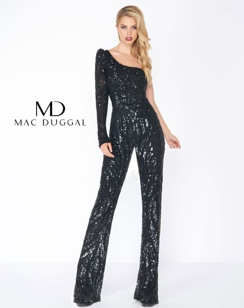 One shoulder, long sleeve, sequin jumpsuit. Available in Black and Royal Purple. Premier Dress, Prom Jumpsuit, Mac Duggal Dresses, Sequin Jumpsuit, Fitted Jumpsuit, Disco Outfit, Estilo Chic, Prom Outfits, Mac Duggal