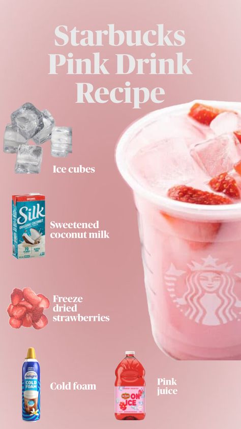 Starbucks drink recipe with ice, del monte strawberry juice on ice, sweetened coconut milk, and freeze dried strawberries, top off with cold foam. Delicious Starbucks drink at home. Starbucks Drinks Recipes Pink Drink, Pinkdrink Starbucks Recipe, How To Make A Pink Drink From Starbucks, Starbucks Recipes Pink Drink, Pink Drink At Starbucks, Drink Recipes Starbucks, Pink Drink Starbucks Recipe, Starbucks Copycat Recipes Drinks, Starbucks Copycat Recipes