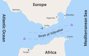 Strait of Gibraltar with direction of shipping traffic Strait Of Gibraltar, Geography Map, Mediterranean Sea, The Atlantic, Atlantic Ocean, The Mediterranean, Geography, Map, Tumblr