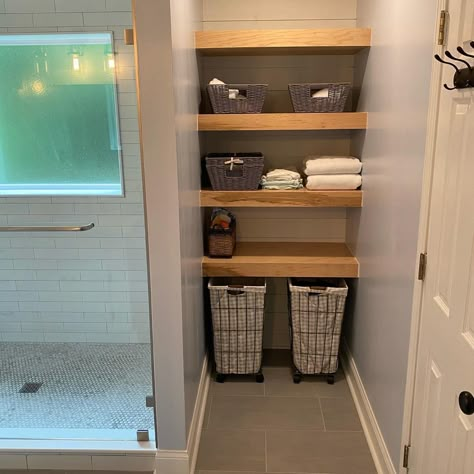 Tiny Bathroom Closet Ideas, Big Bathroom Closet Ideas, Custom Bathroom Shelves, Bathroom Remodel Shelves, Washroom Closet Ideas, Bathrooms With Open Shelving, Deep Bathroom Shelves, Large Bathroom Shelves, Bathroom Shelves Behind Door