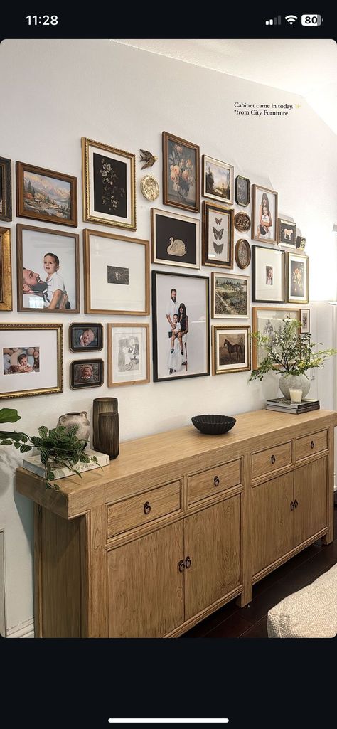 Photo Wall Collage Console Table, Photo Gallery Entryway, Mixed Photo Wall, Family Photo Wall Entryway, Entryway Table Gallery Wall, Gallery Wall Above Table, Mirror And Picture Wall Layout Entryway, How To Gallery Wall Layout, Mismatched Picture Frame Wall